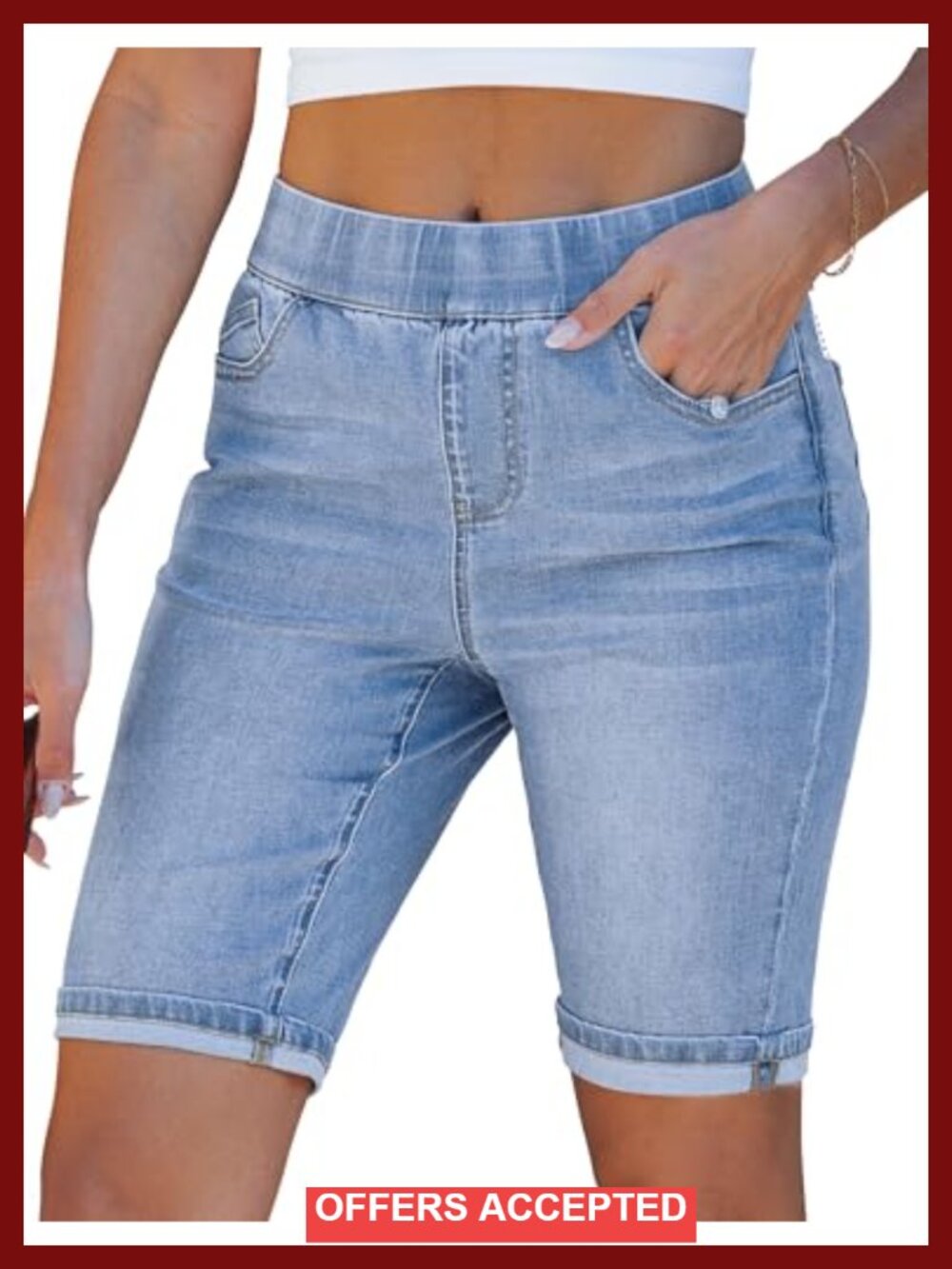 High Waisted Pull On Elastic Waist Bermuda Jean Shorts 10" Inseam Stretchy Denim